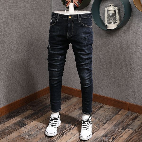 

2021 new korean style fashion men jeans black blue elastic slim fit casual denim pencil pants vintage designer ripped long trousers homme 38