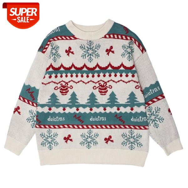 

harajuku sweater pullover men christmas snowflakes print knitted sweaters hip hop oversized retro sweatwear sweater 2020 winter #3j4c, White;black