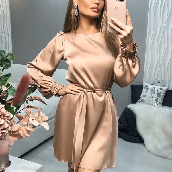 

2021 new sleeve satin women spring elegant party lady round neck comfy sashes 25n0, Black;gray