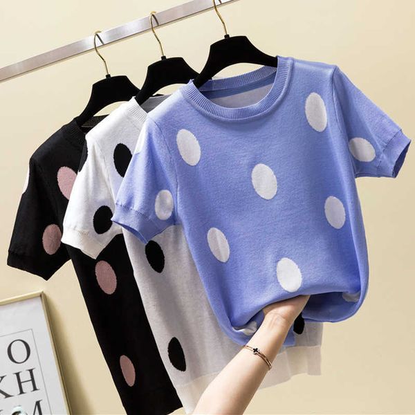 Shintimes Polka Dot T Shirt Donna Tshirt Cotone lavorato a maglia Estate Casual T- Corea Abbigliamento Tee Femme Camisetas Mujer 210615