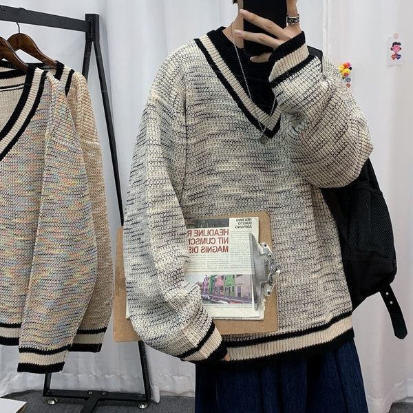 

2021 new winter color sweater men's warm fashion retro casual v-neck knitted pullover men loose korean knitting sweaters mens clothes 0, White;black