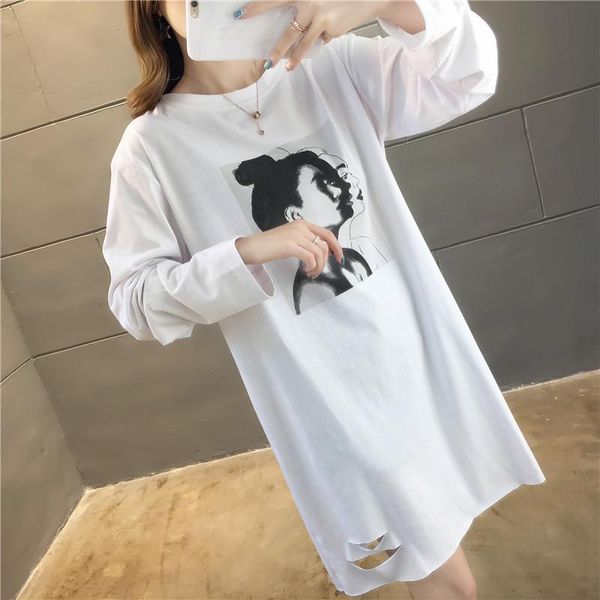 

\] cotton burrs white t-shirt women's long sleeve autumn and winter large size loose