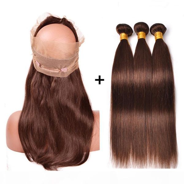 

straight #4 medium brown brazilian virgin human hair weaves with 360 frontal chocolate brown 360 lace frontal closure 22.5x4x2 with 3bundles, Black;brown