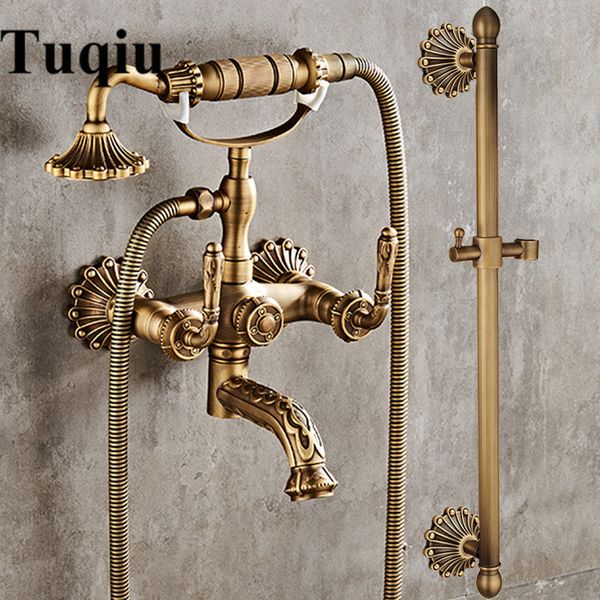 

2021 new antique brass carved bathtub faucets dual knobs mixer tap wall mounted set swivel tub spout bath shower 9v6o