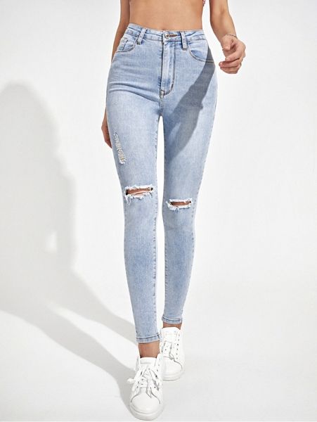 

zipper fly ripped detail skinny jeans y0lm#, Blue