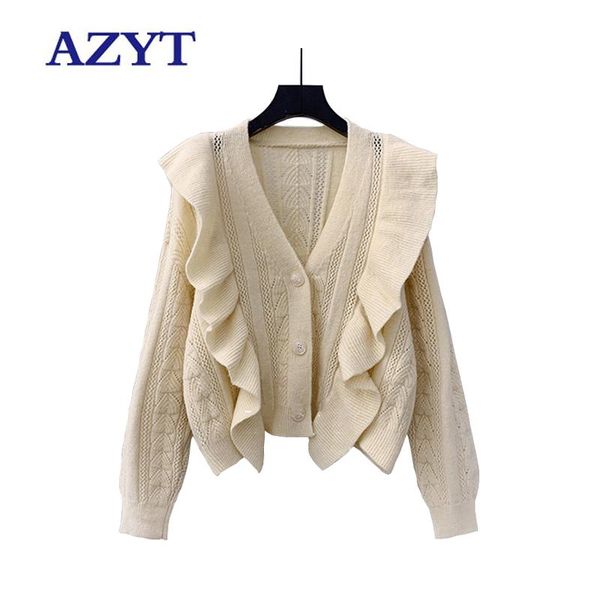 

women's knits & tees azyt 2021 women sweater cardigan fashion ruffles v neck solid knitted female autumn loose soft jacket, White