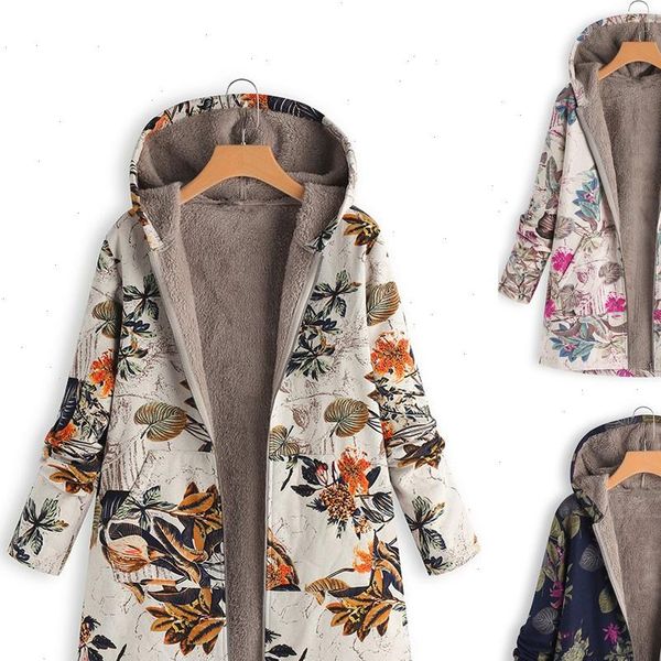 

coat 2021fashion womens winter warm outwear floral print hooded pockets long sleeve vintage oversize jackets for women, Black;brown