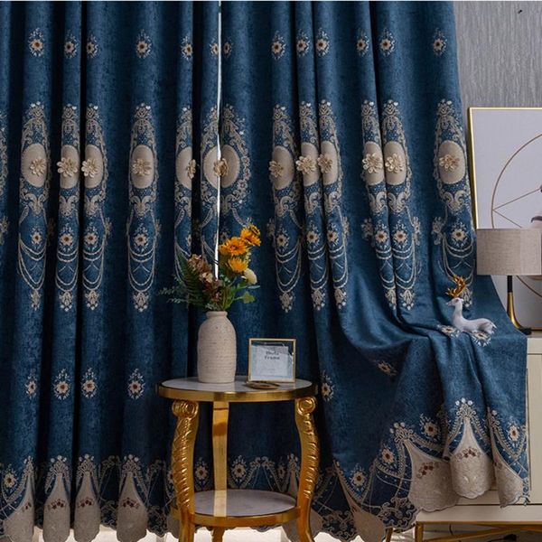 

curtain & drapes european blue flocking three-dimensional flower curtains for living room luxury rope embroidered blackout bedroom blind