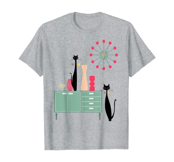 

mid century modern design cool cats sunburst clock t-shirt, White;black
