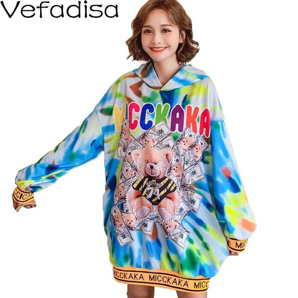 

women's hoodies & sweatshirts vefadisa plus size colored tie-dye women sweatshirt 2021 autumn cartoon bear print hooded pullover coat q, Black