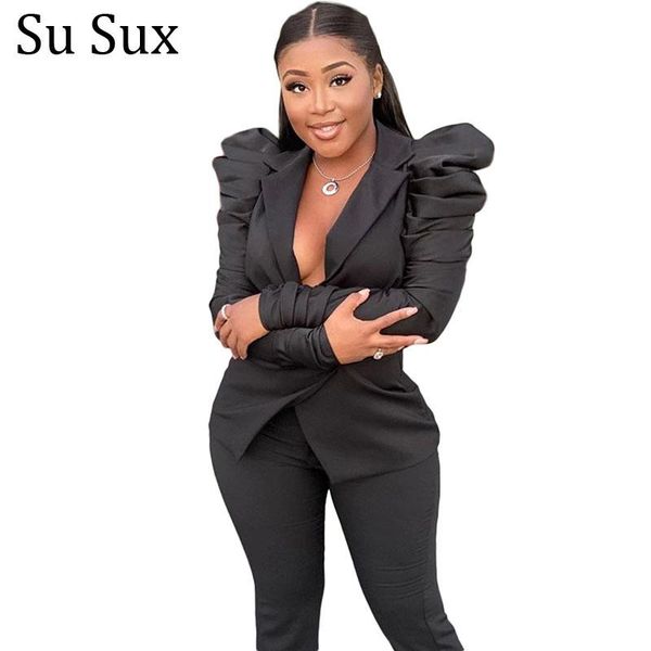 

women's two piece pants puff sleeve blazer suit set tracksuit women office lady turn dowm collar long sets vestidos 2021 autumn, White