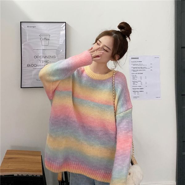 

2021 new mohair long-sleeved blouse women autumn korean loose round neck raiow striped color-blocking sweater y75x, White;black