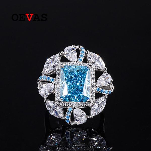 

cluster rings oevas 100% 925 sterling silver 10*12mm aquamarine yellow high carbon diamond for women sparkling wedding fine jewelry gift, Golden;silver