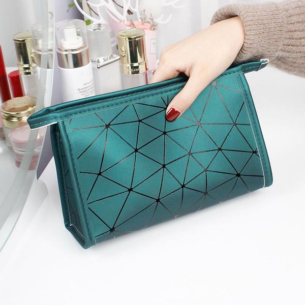 

storage bags geometric diamond grid pu leather cosmetic bag travel female portable large-capacity waterproof wash carry-on clutch