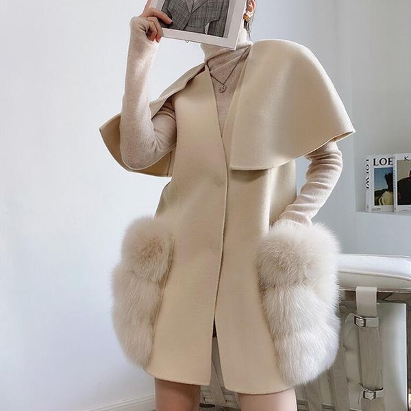 

fall winter luxury women real lamb wool cashmere vest waistcoat stylish long real fox fur jackets cloak coats, Black