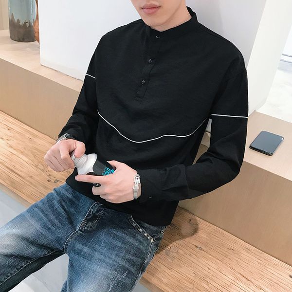 

primavera new coreano novo 2021 solto manga comprida camisas para roupas masculinas simples gola listra bordado pullovers blusa homme gago, Black;brown