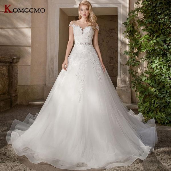 

other wedding dresses 2021 cap sleeve embroidery appliques tulle bridal ball gown luxury cathedral train o-neck dress for women, White