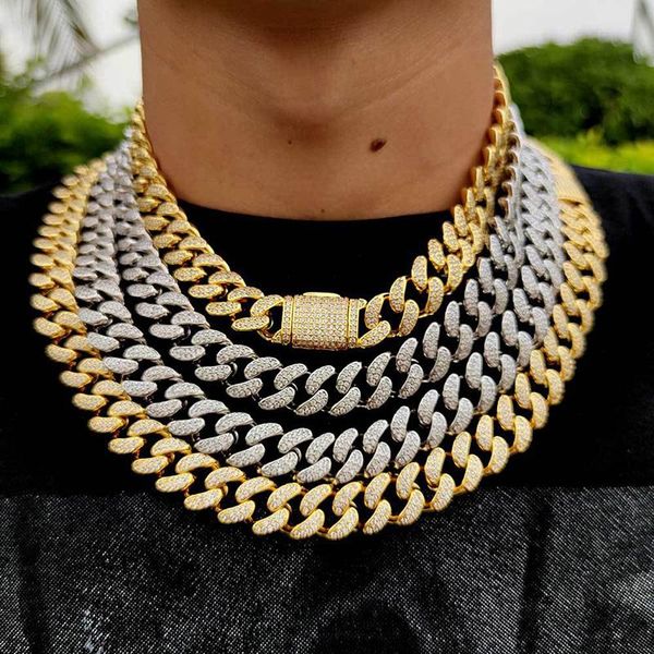 

chains hip hop 2 rows cz stone bling iced out spring clasp 15mm round cuban miami link chain necklaces for men rapper jewelry, Silver