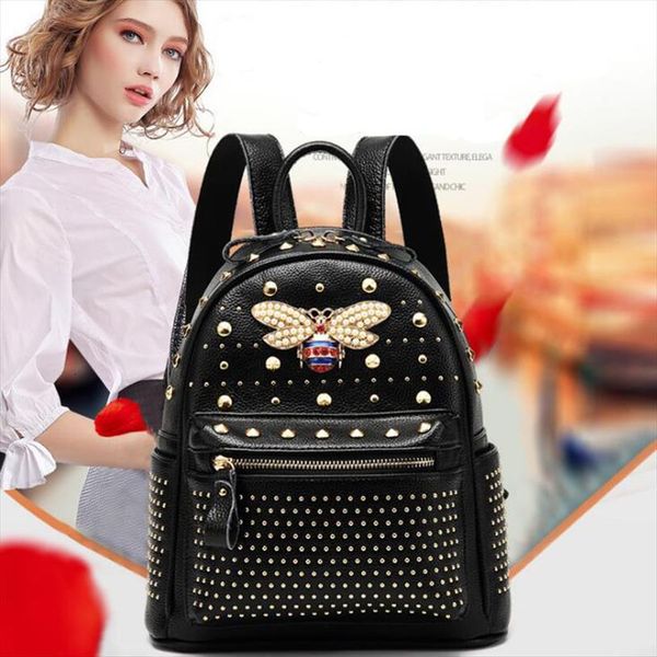 

womens backpack travel bag genuine leather fashion bee with diamonds korean casual school female bookbag