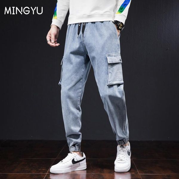 

men's jeans 2021 brand spring autumn solid color pocket trendy loose nine-point tooling harlan casual tie-feet male, Blue