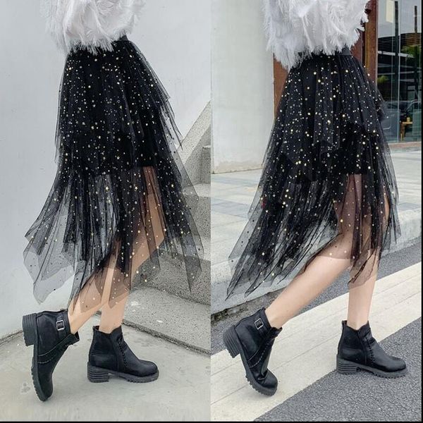 

summer women knee length pleated skirt kawaii star sequin chic skirt swing irregular shining beading tulle woman fashion skirts, Black