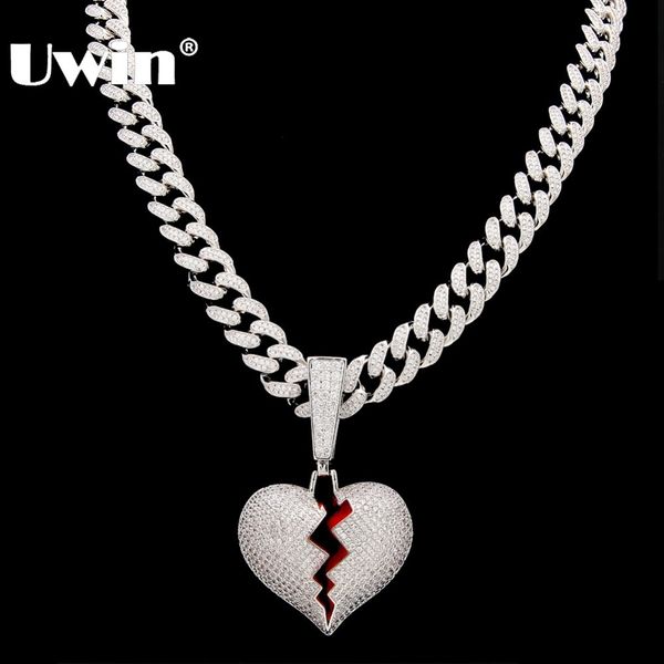 

uwin broke heart pendant necklace with 13mm cubic zirconia cuban link chain fashion hiphop luxury iced out jewelry x0509, Black