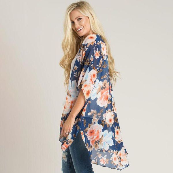 

women's blouses & shirts 2021 summer kimono cardigan boho floral print beach bikini cover up s-3xl plus size chiffon loose casual blous, White