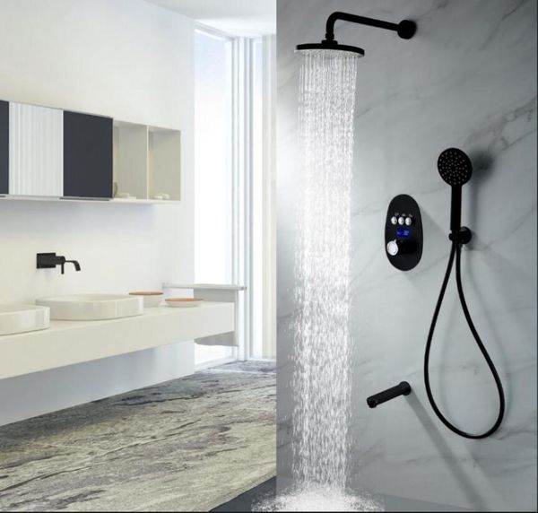 

digital display brass black shower set bathroom 8" rainfall shower head faucet spout diverter mixer handheld spray set