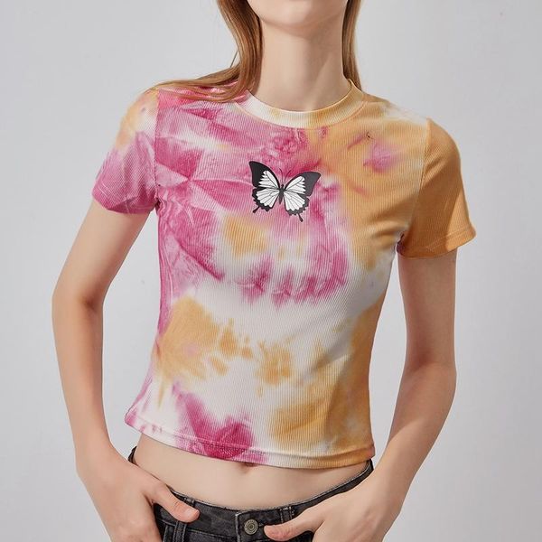 

women's t-shirt thin round neck short-sleeve sweater tie-dye flower color, White
