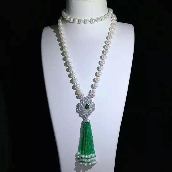 

sell new 7-8mm natural white freshwater pearl necklace zircon accessories tassel pendant fashion jewelry, Silver