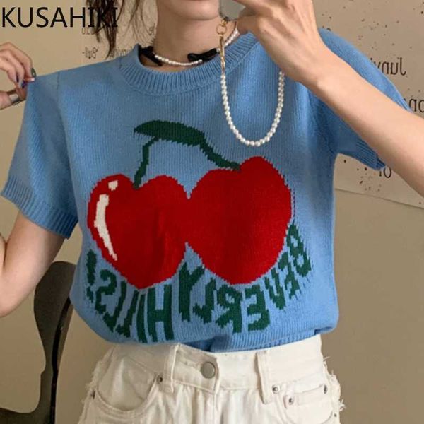 

vintage o-neck cartoon cherry letters hit color knitted tee short sleeve korean sweet woman graphic t shirts 6h349 210603, White