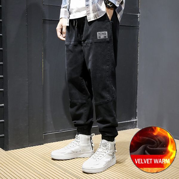 

2021 new newly winter fashion men jeans loose fit spliced designer casual cargo pants streetwear hip hop joggers velvet warm trousers 65n2, Blue