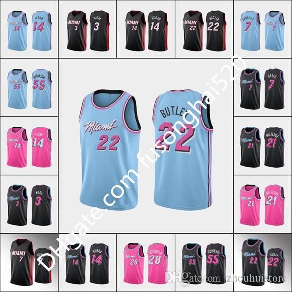 

fast delivery men dwyane 3 wade jimmy 22 butler jerseys tyler 14 herro bam 13 adebayo 55 robinson 2021 pink bule white city basketball shirt, Black;red