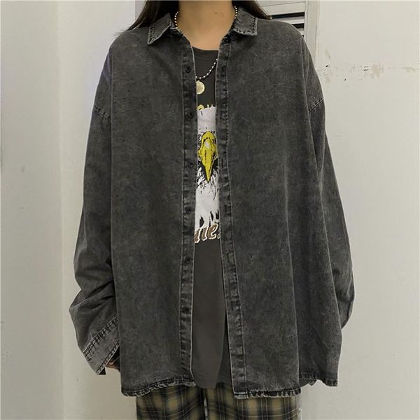 

women's blouses & shirts autumn korean denim jacket fashion retro casual shirt women streetwear loose hip-hop black jean grunge, White