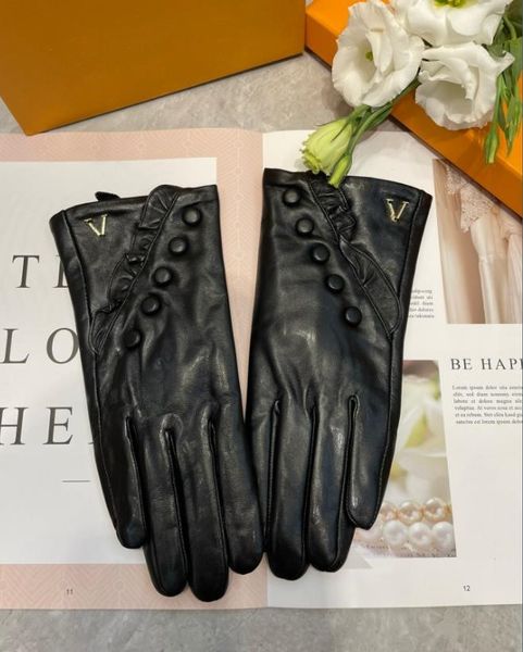 Designer-Handschuhe für Damen mit gelber Box, modisches schwarzes Schaffell-Leder, Fleece-Innenhandschuh, Damen-Touchscreen, Winter, dick, warm, Gunine