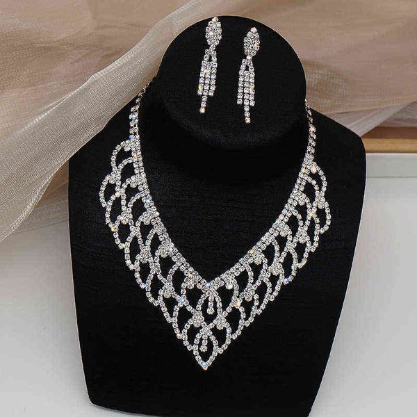 

selling exquisite luxury claw chain necklace earrings rhinestone set two-piece dress wedding accessories, Silver