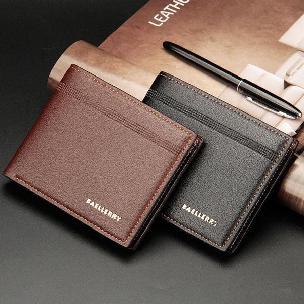 

casual mens bifold business leather vintage wallet letter print striped id card holder purse, Red;black