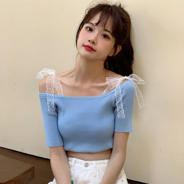 

women's t-shirt lace strap off shoulder women slim summer patchwork knitted short sleeve loose tshirts, White