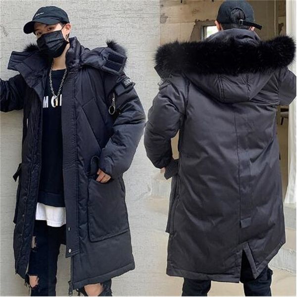 

fashion fur collar hooded mens jacket large thicken padded super warm 2021 winter male casual parkas long outwear coat gaav, Black