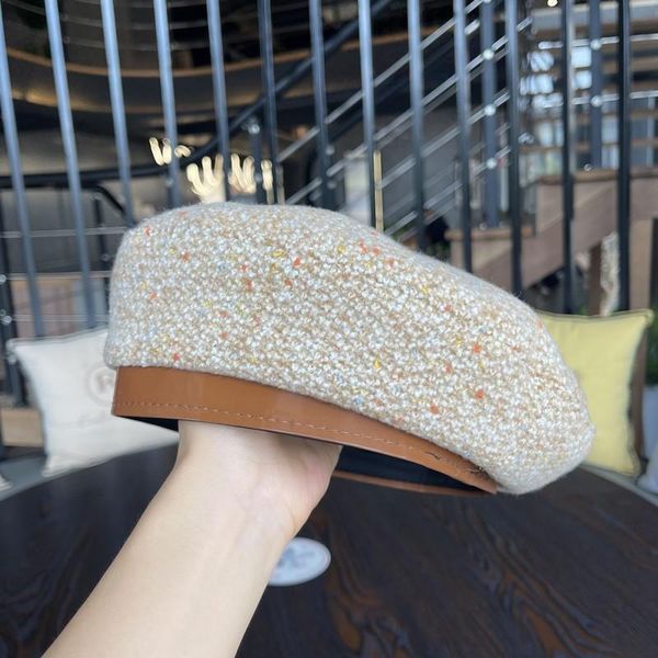 

berets 202109-samepu autumn colour tweed pu brim lady beret hat women leisure painter, Blue;gray