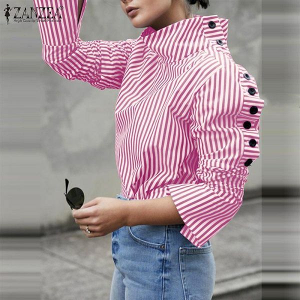 

women's blouses & shirts 2022 blouse spring autumn asymmetrical button striped casual long sleeve stand collar oversized blusa f, White