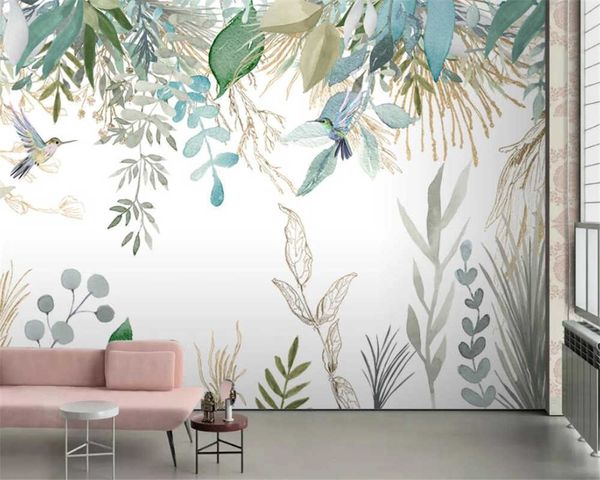 Beibehang foto papel de parede moderno pintado à mão pintado planta tropical folhas flores e pássaros murais sala de estar quarto 3d papel de parede Q0723