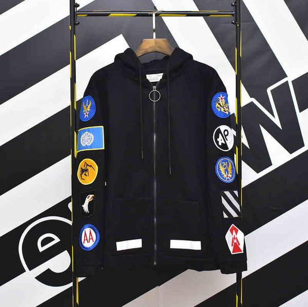 

tide off oiw embroidered team armband casual men's and women's same zipper cardigan hoodie, Black