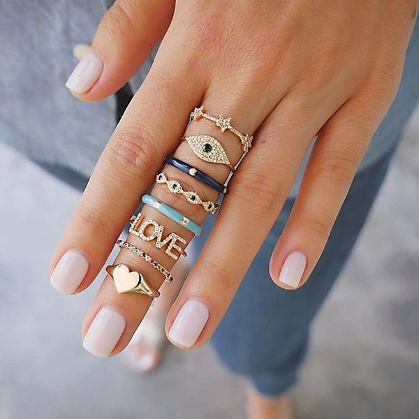 

cluster rings 8 pcs/ set bohemian stars heart eyes letters love crystal gem knuckle ring fashion gold jewelry, Golden;silver