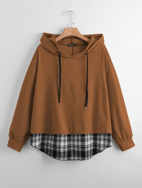 

plus plaid print drop shoulder hoodie f7uh#, Black