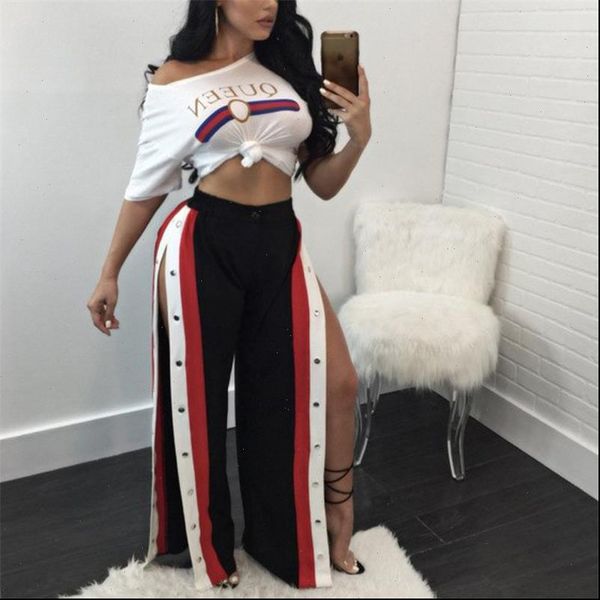 

women cut off split side striped long pants fashion buttons wide leg jogger pants fashion casual trousers, Black;white