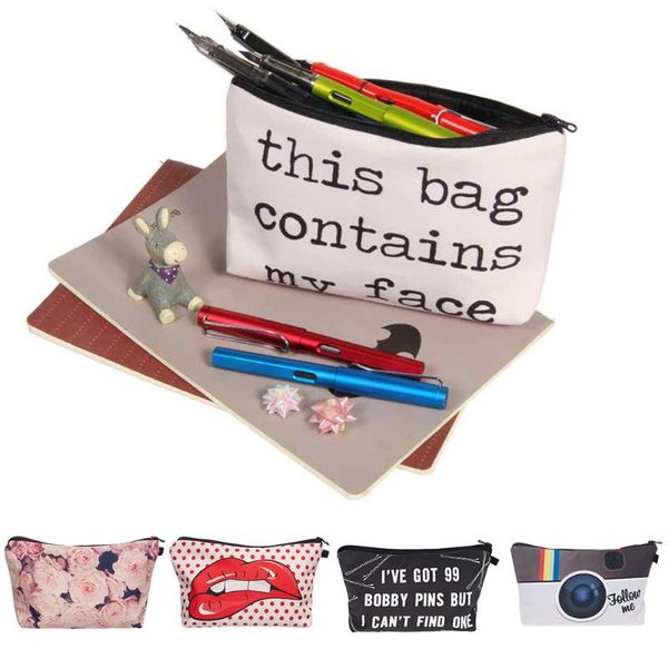 

1 pc women zipper canvas make up bag travel cosmetic bag for makeup red lips letter print female make up pouch necessaries