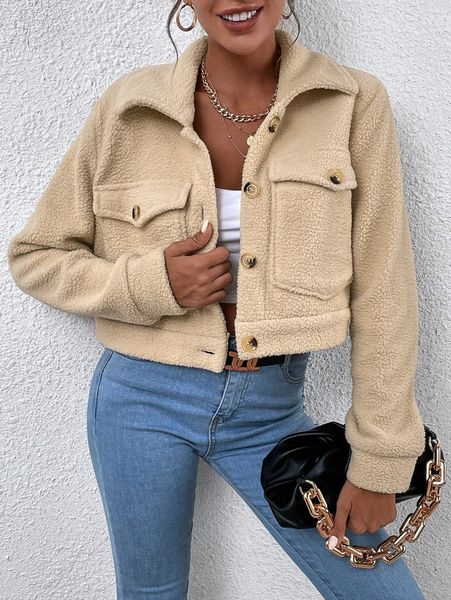 

flap pocket crop fleece jacket w7bp#, Black;brown