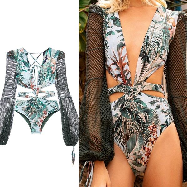 

women one-piece bikini mesh puff long sleeve bandage backless monokini tropical leaves print hollow out swimsuit