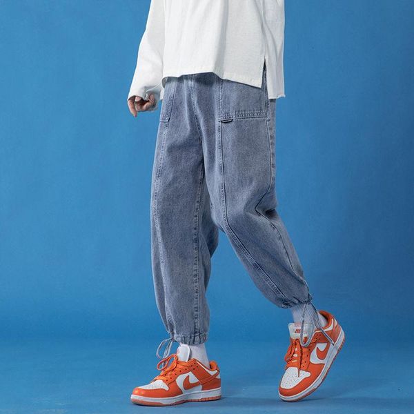 

2021 spring new jeans men loose large men's straight leg nine point blue denim pants mens clothing